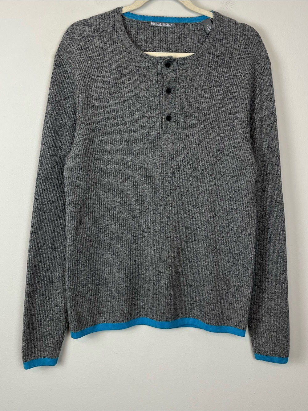 MICHAEL BASTIAN Gray Marled Rib Knit Wool Blend Henley Sweater LARGE Thermal